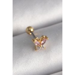 316L Çelik Gold Renk Pembe Zirkon Taşlı Kelebek Tragus Piercing - Lisinya
