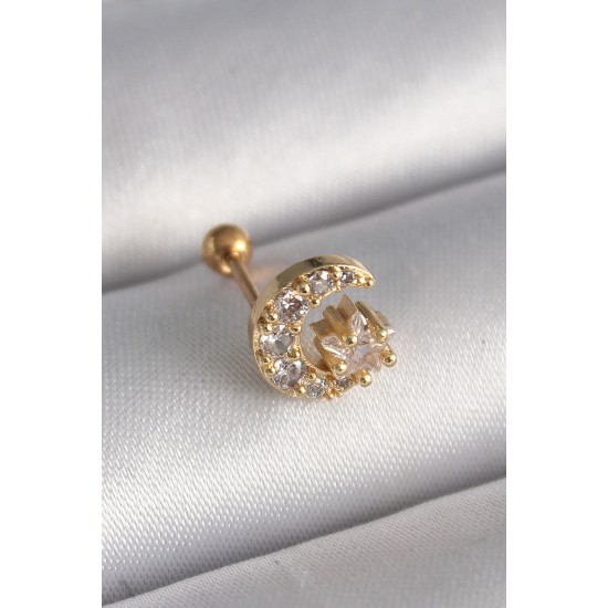 316L Çelik Gold Renk Zirkon Taşlı Ay Yıldız Tragus Piercing - Lisinya 316L Çelik Gold Renk Zirkon Taşlı Ay Yıldız Tragus Piercing - Lisinya