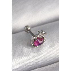 316L Çelik Gümüş Renk Pembe Mineli Kalp Zirkon Taş Detaylı Taç Tragus Piercing - Lisinya
