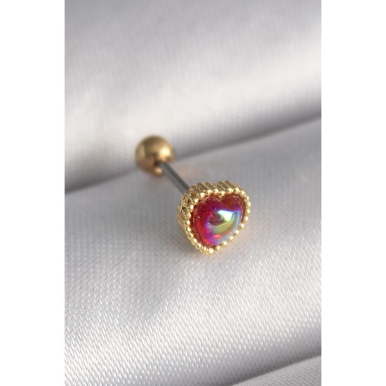 316L Çelik Gold Renk Kırmızı Mineli Kalp Tragus Piercing - Lisinya 316L Çelik Gold Renk Kırmızı Mineli Kalp Tragus Piercing - Lisinya