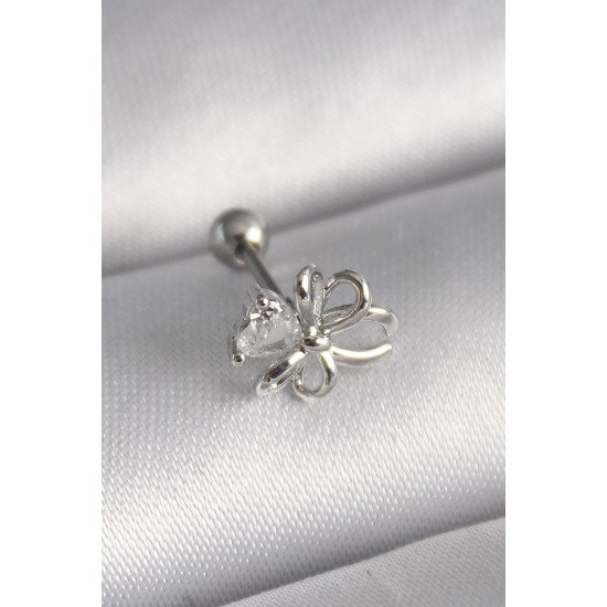 316L Çelik Gümüş Renk Zirkon Taş Detay Kurdele Model Tragus Piercing - Lisinya 316L Çelik Gümüş Renk Zirkon Taş Detay Kurdele Model Tragus Piercing - Lisinya