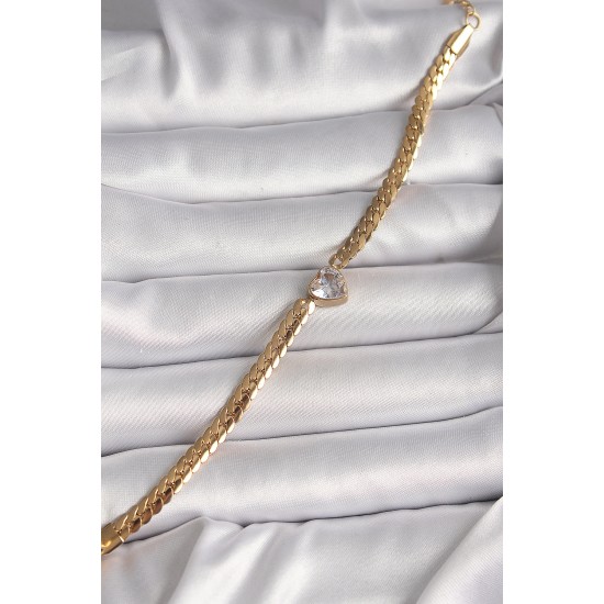 316L Çelik Gold Renk Yassı Zincir Model Zirkon Taşlı Kalp Figür Kadın Bileklik - Lisinya 316L Çelik Gold Renk Yassı Zincir Model Zirkon Taşlı Kalp Figür Kadın Bileklik - Lisinya