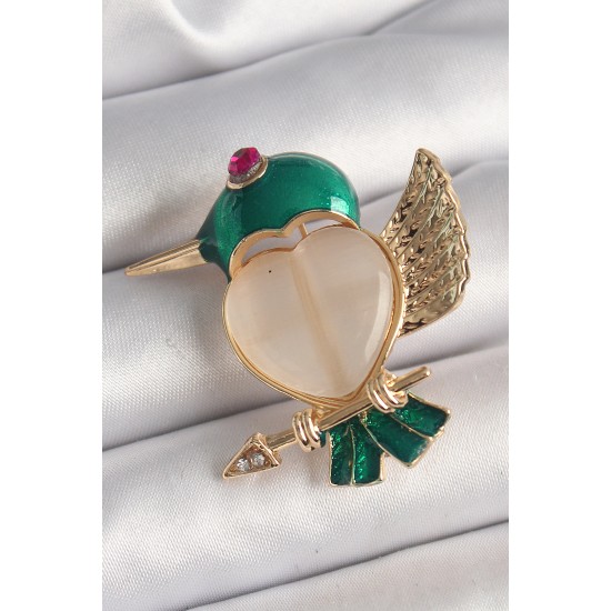 Pirinç Gold Renk Beyaz Mineli Kalp Yeşil Sinek Kuşu Model Pembe Zirkon Taş Detay Kadın Broş - Lisinya Pirinç Gold Renk Beyaz Mineli Kalp Yeşil Sinek Kuşu Model Pembe Zirkon Taş Detay Kadın Broş - Lisinya