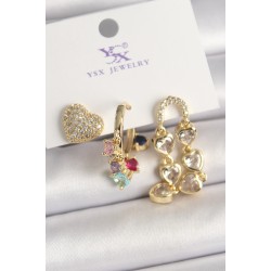 Pirinç Gold Renk Sallantı Zirkon Taşlı Kalp Model 3'Lü Kadın Kombin Küpe - Lisinya