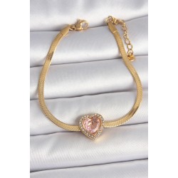 316L Çelik Gold Renk İtalyan Zincir Pembe Zirkon Taşlı Kalp Model Kadın Bileklik - Lisinya