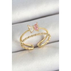 Pirinç Kelebek Figürlü Zirkon Taşlı Gold Renk Ayarlanabilir Kadın Yüzük - Lisinya