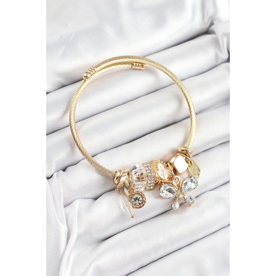 316L Çelik Beyaz Zirkon Taşlı Kelebek Model Gold Renk Charm Bileklik - Lisinya 316L Çelik Beyaz Zirkon Taşlı Kelebek Model Gold Renk Charm Bileklik - Lisinya