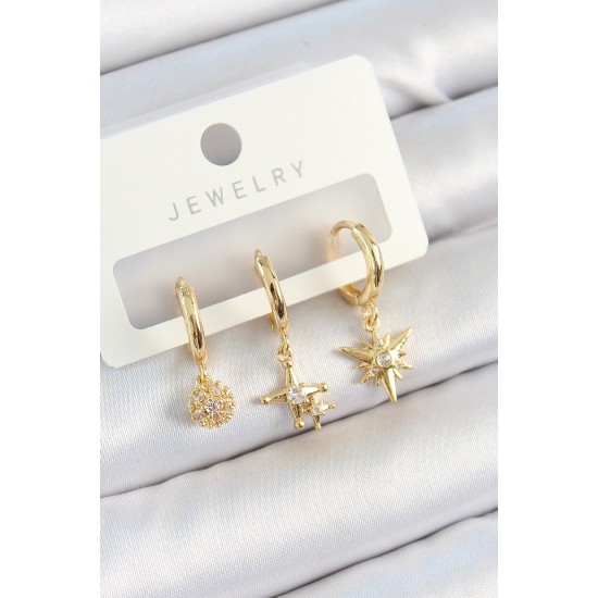 Pirinç Zirkon Taşlı Yıldız Model Gold Renk 3'lü Çift Kadın Küpe Set - Lisinya Pirinç Zirkon Taşlı Yıldız Model Gold Renk 3'lü Çift Kadın Küpe Set - Lisinya