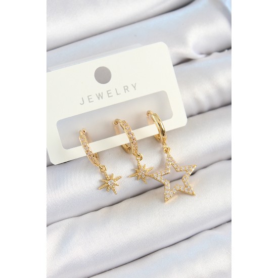Pirinç Zirkon Taşlı Yıldız Model Gold Renk 3'lü Çift Kadın Küpe Set - Lisinya Pirinç Zirkon Taşlı Yıldız Model Gold Renk 3'lü Çift Kadın Küpe Set - Lisinya
