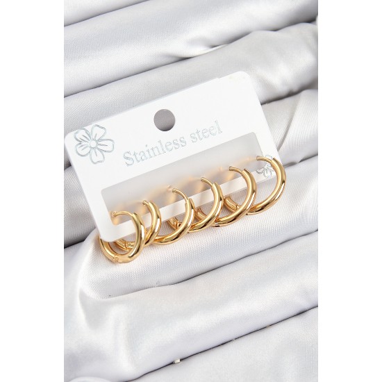 316L Çelik Halka Model Gold Renk 3'lü Set Kadın Küpe - Lisinya 316L Çelik Halka Model Gold Renk 3'lü Set Kadın Küpe - Lisinya