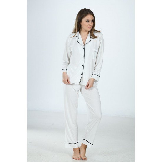 Ekru Penye Önden Düğmeli Pijama Takım Ekru Penye Önden Düğmeli Pijama Takım