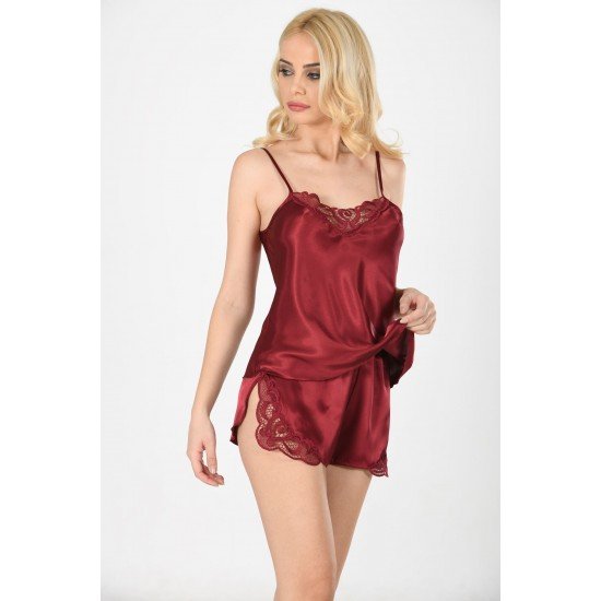 Bordo Saten Babydoll Şortlu Takım Bordo Saten Babydoll Şortlu Takım