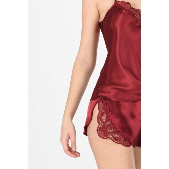 Bordo Saten Babydoll Şortlu Takım Bordo Saten Babydoll Şortlu Takım
