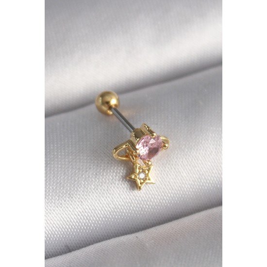 316L Çelik Gold Renk Pembe Zirkon Taşlı Sallantı Yıldız Detay Tragus Piercing - Lisinya 316L Çelik Gold Renk Pembe Zirkon Taşlı Sallantı Yıldız Detay Tragus Piercing - Lisinya