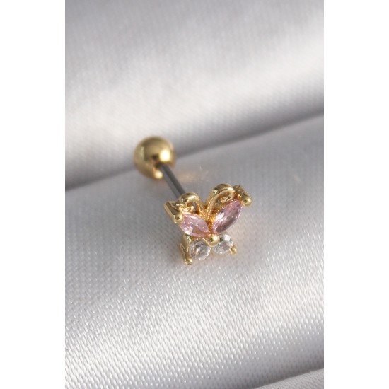 316L Çelik Gold Renk Pembe Zirkon Taşlı Kelebek Tragus Piercing - Lisinya
