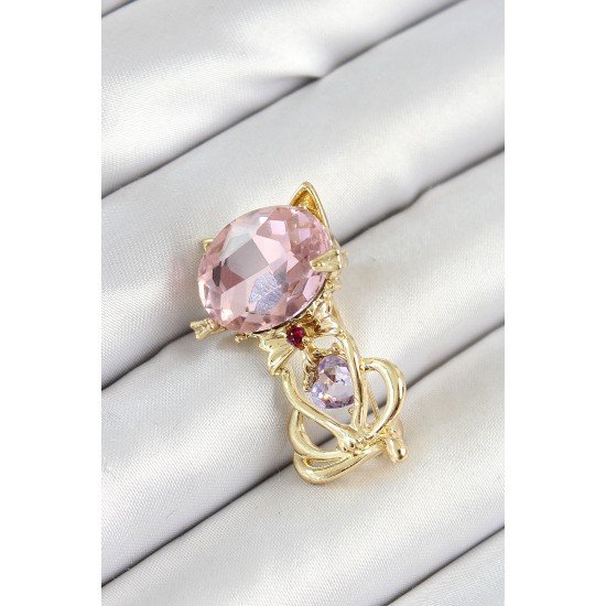 Pembe Zirkon Taşlı Kap Detaylı Kedi Figürlü Gold Renk Kadın Broş - Lisinya Pembe Zirkon Taşlı Kap Detaylı Kedi Figürlü Gold Renk Kadın Broş - Lisinya