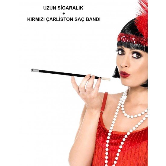 1920'ler 1990'lar Gatsby Kadın Aksesuar Seti – Kırmızı Charleston Saç Bandı ve Sigaralık 1920'ler 1990'lar Gatsby Kadın Aksesuar Seti – Kırmızı Charleston Saç Bandı ve Sigaralık