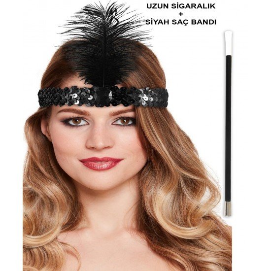 1920'ler Gatsby Aksesuar Seti – Siyah Charleston Saç Bandı & Sigaralık 1920'ler Gatsby Aksesuar Seti – Siyah Charleston Saç Bandı & Sigaralık