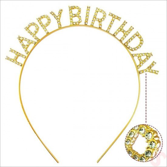Altın Gold Renk Kristal Taşlı Parlak Happy Birthday Taç 16x17 cm Altın Gold Renk Kristal Taşlı Parlak Happy Birthday Taç 16x17 cm