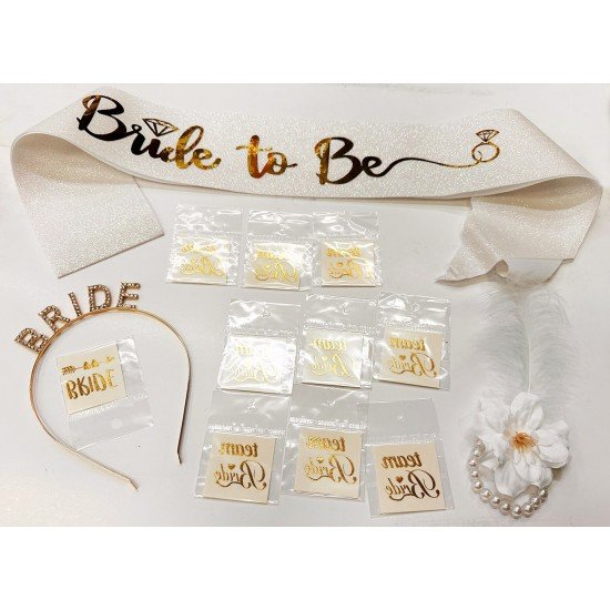 Altın Renk Bride Partisi Taç Kuşak Dövme Bileklik Seti Full 13 Parça Altın Renk Bride Partisi Taç Kuşak Dövme Bileklik Seti Full 13 Parça