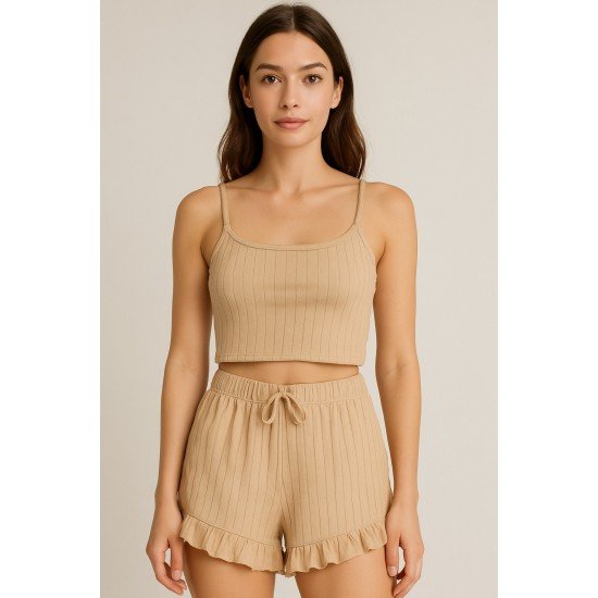 Crop Takım - Askılı Crop Takım Likralı Bej (M) Crop Takım - Askılı Crop Takım Likralı Bej (M)