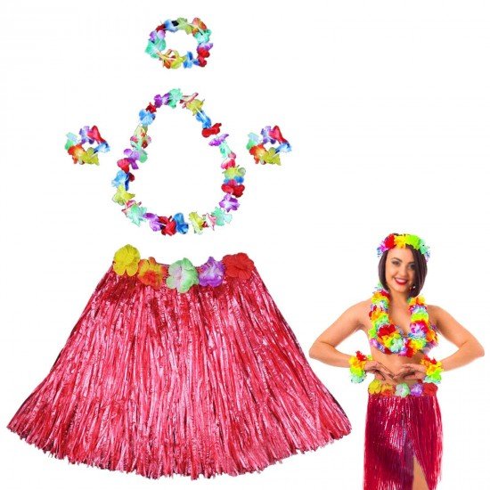 Hawaii Dans Kostümü – Kırmızı Hula Etek & Çiçek Kolye Seti Hawaii Dans Kostümü – Kırmızı Hula Etek & Çiçek Kolye Seti