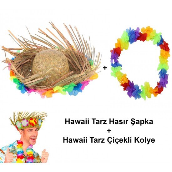 Hawaii Tarzı Tropikal Çiçekli Hasır Şapka ve Çiçekli Hawaii Kolye Hawaii Tarzı Tropikal Çiçekli Hasır Şapka ve Çiçekli Hawaii Kolye